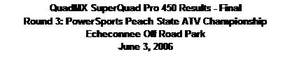Text Box: QuadMX SuperQuad Pro 450 Results - Final
Round 3: PowerSports Peach State ATV Championship
Echeconnee Off Road Park
June 3, 2006