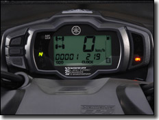 Grizzly 700 LCD instrument display contains FI and EPS Info as well as bar-type fuel gauge, odometer, tripmeter, clock and Diff Lock indicator